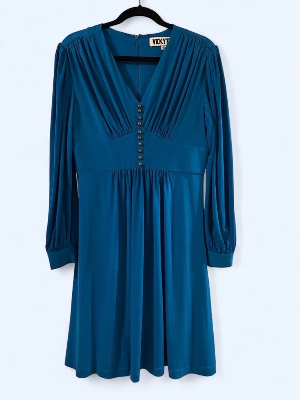Vicky Tiel Teal V-Neck Long Sleeve Dress